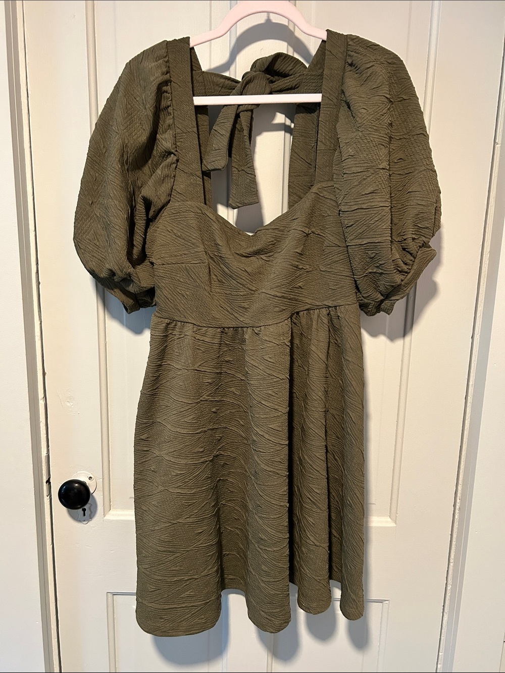 Free People Olive Green Puff-Sleeve Mini Dress